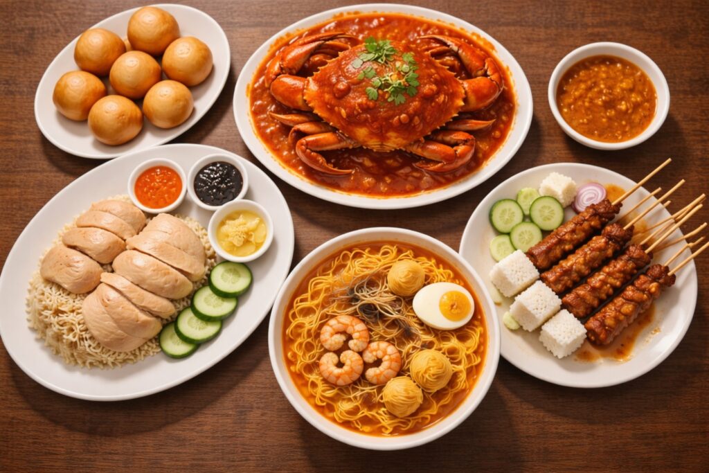 Overhead spread of iconic Singapore dishes including chili crab with mantou buns, Hainanese chicken rice, laksa, and satay, representing the best food experiences in singapore