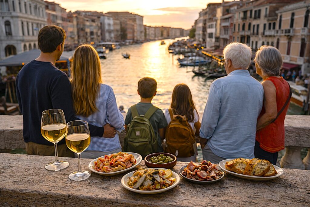 Venice food and wine tours experience on Rialto Bridge at sunset with travelers enjoying cicchetti, seafood plates, olives, and local Veneto wine overlooking the Grand Canal in warm golden light