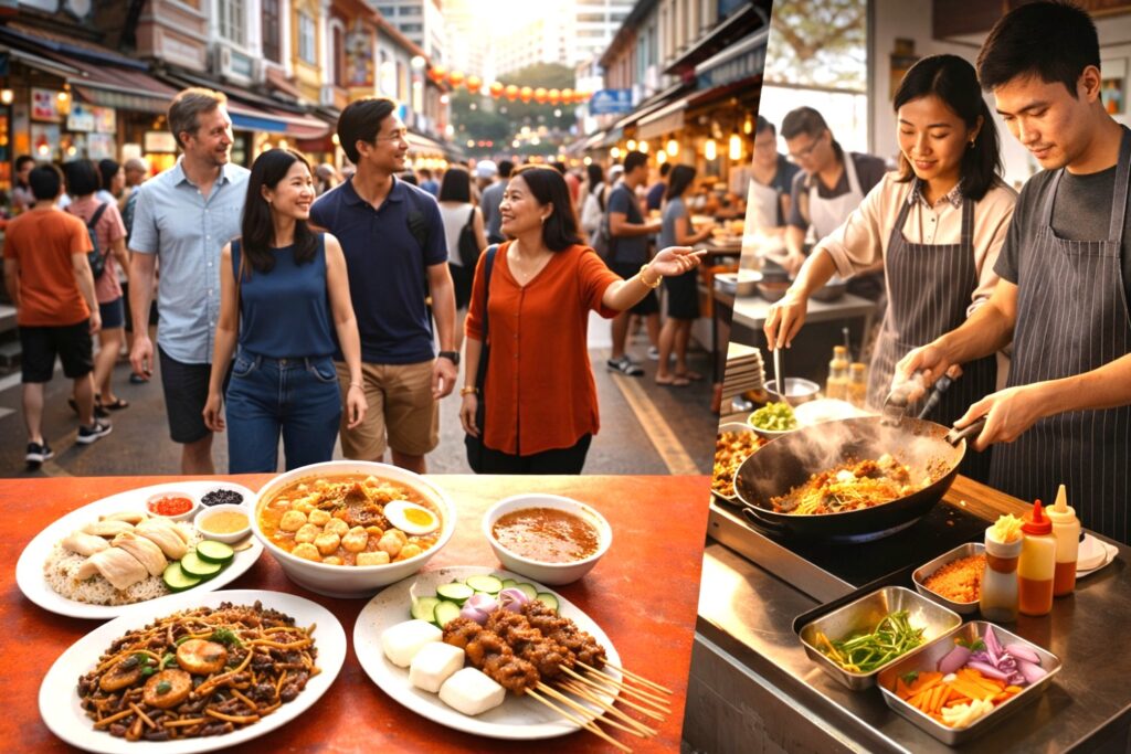Street food tour group exploring local dishes, hawker-style meals, and hands-on cooking as part of the best food experiences in singapore