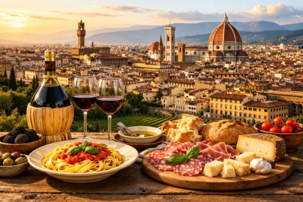 Florence food and wine guide featuring a Tuscan table spread with Chianti wine and fresh pasta against a Florence skyline backdrop
