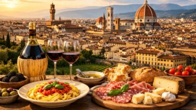 Florence food and wine guide featuring a Tuscan table spread with Chianti wine and fresh pasta against a Florence skyline backdrop