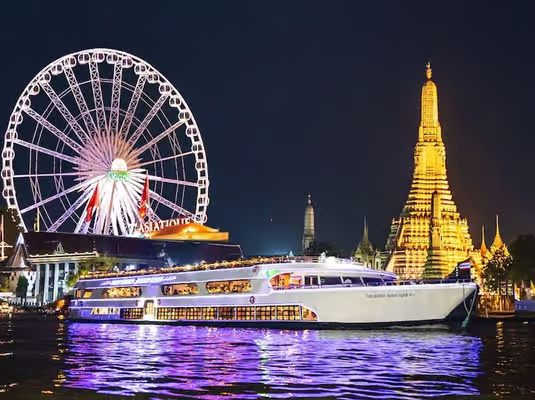 Dinner cruise Bangkok White Orchid Chao Phraya cruise boat at night