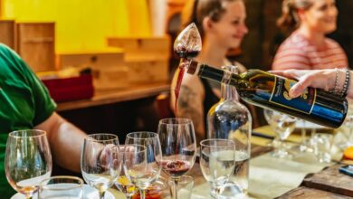 Guests enjoying a guided tasting on wine tours from Rome as red wine is poured into glasses at a rustic Italian winery