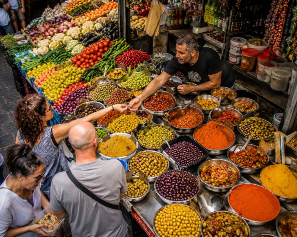 Colorful spice bowls, olives and fresh produce at a busy Tel Aviv market stall during one of the best Israel food and market tours.