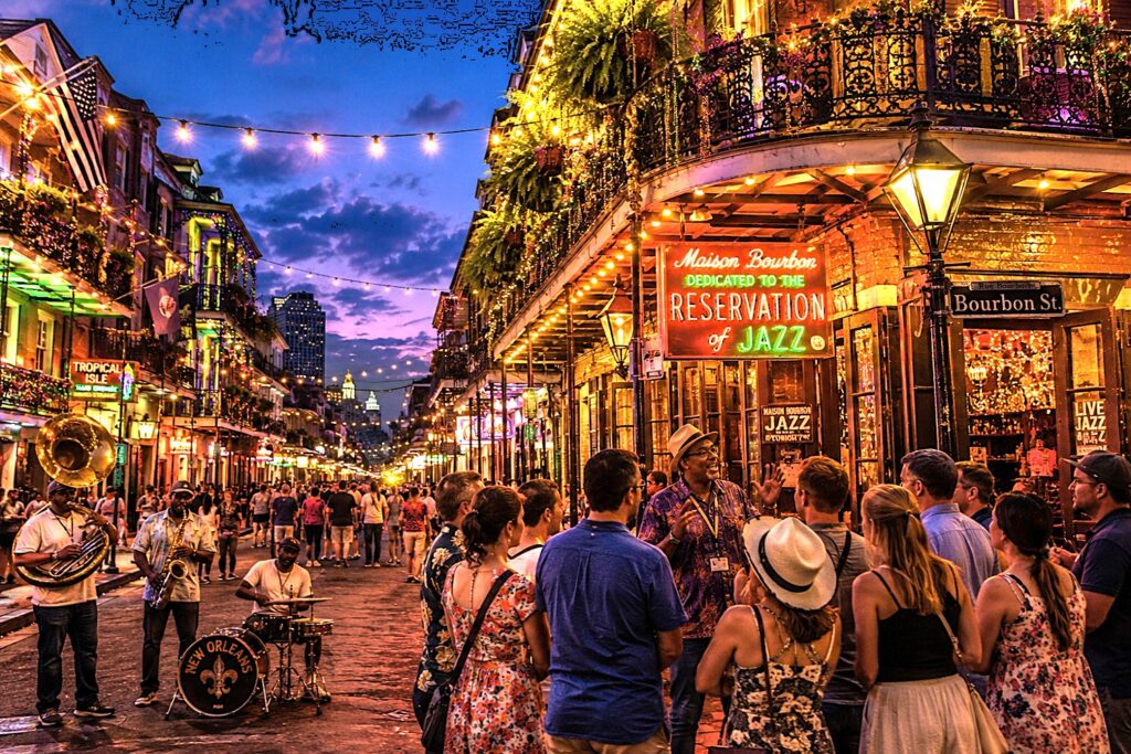 A guided group explores Bourbon Street at dusk with live jazz musicians, glowing balconies, and vibrant nightlife on one of the best tours in New Orleans.