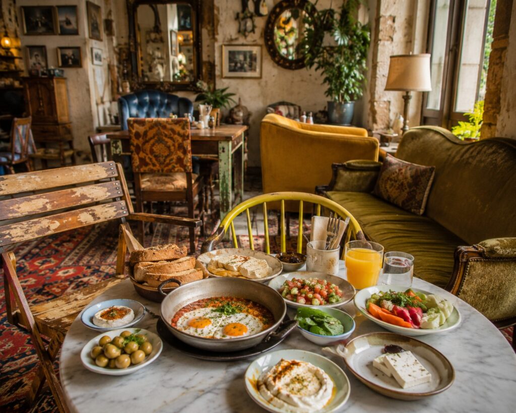 A colorful Israeli breakfast spread inside the vintage decorated Café Puaa in Jaffa, a spot for israeli street food and breakfast.