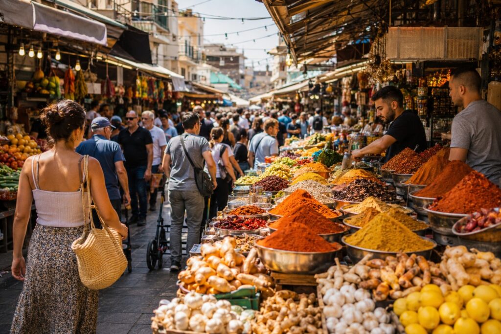 Colorful spice stalls and crowds at Carmel Market, one of the best places to find israeli street food in Tel Aviv.