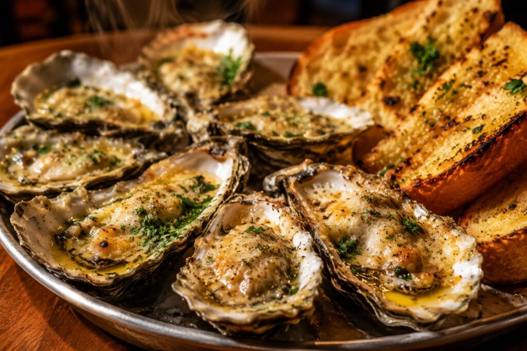 Char-grilled oysters with garlic butter and parmesan, a must-try dish for any New Orleans travel guide focused on food.