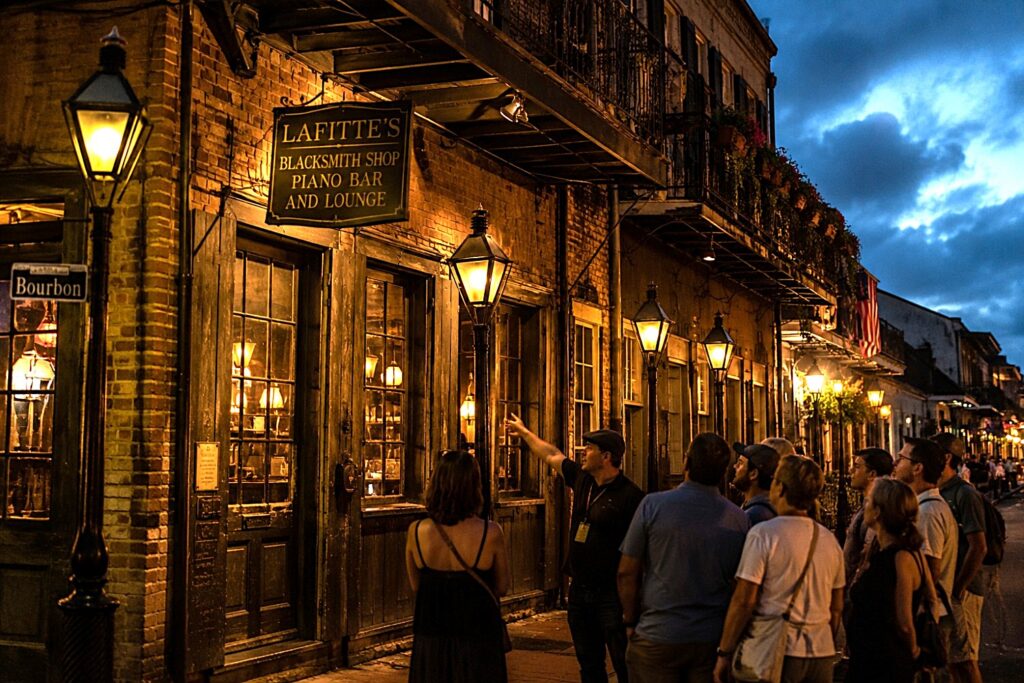 A guided evening tour stopping outside a historic French Quarter bar, part of a New Orleans travel guide highlighting the Scandalous Cocktail Tour.