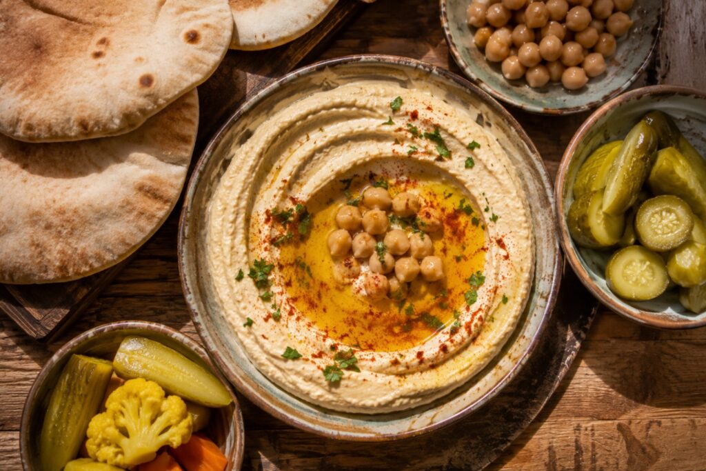 A traditional hummus plate with pita and pickles, a staple of israeli street food.