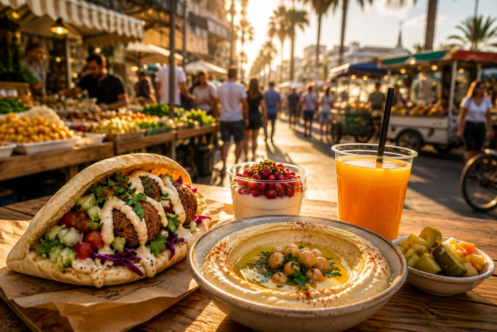 Falafel pita, hummus, fresh juice and malabi served at a lively Tel Aviv market, showcasing the flavors of Israel food and market tours.