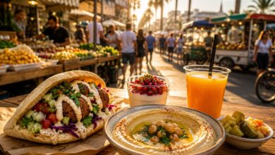 A spread of israeli street food including falafel, hummus, fresh juice and malabi with a Tel Aviv market in the background.
