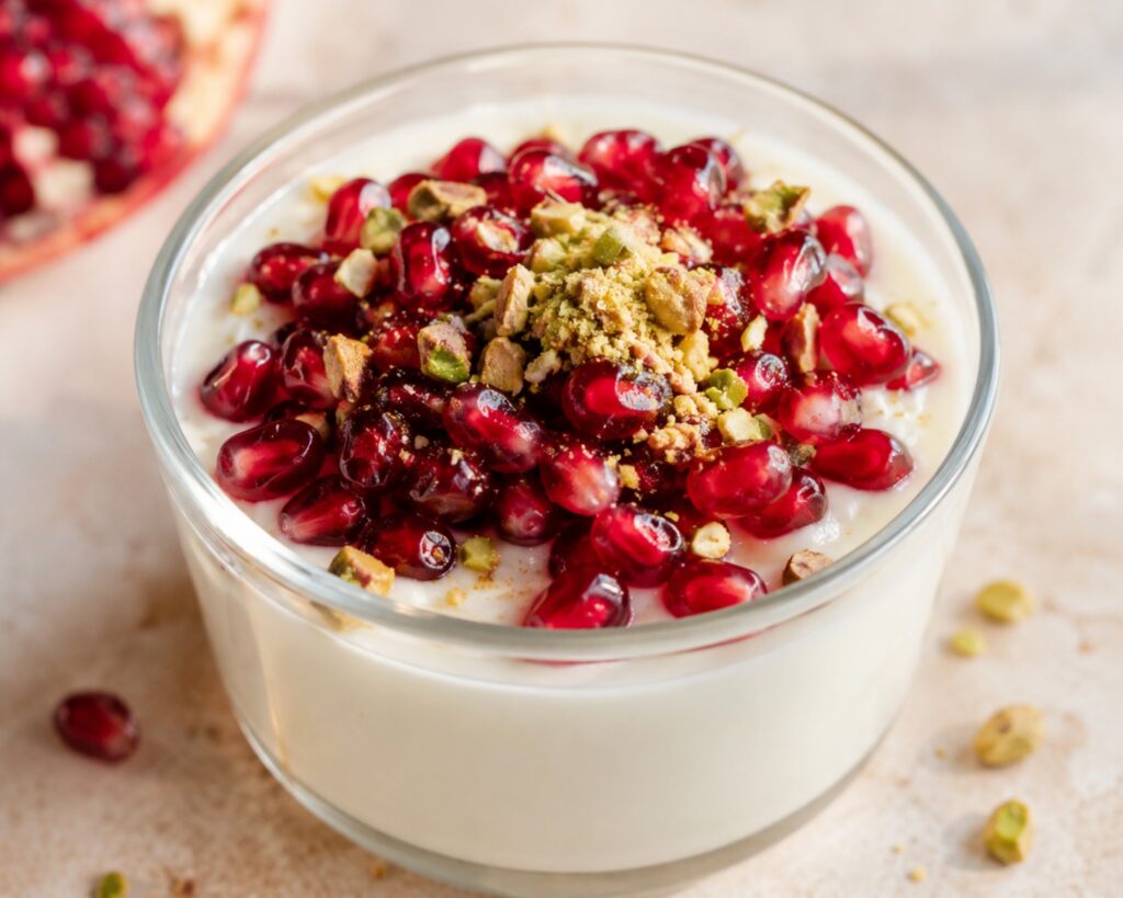 A cup of malabi, a rosewater milk pudding topped with pomegranate seeds, a popular israeli street food dessert.