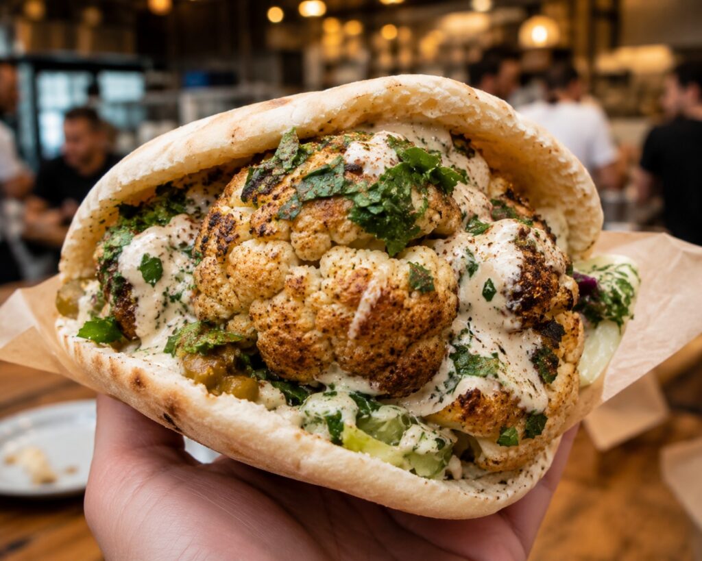 A whole roasted cauliflower pita from Miznon, a modern take on israeli street food in Tel Aviv.