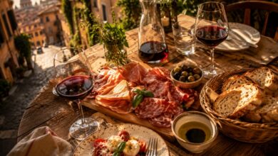 Rome food and wine tours featuring a scenic outdoor trattoria with red wine, cured meats, artisan bread, olives, and fresh Italian appetizers overlooking a historic Roman street at sunset.
