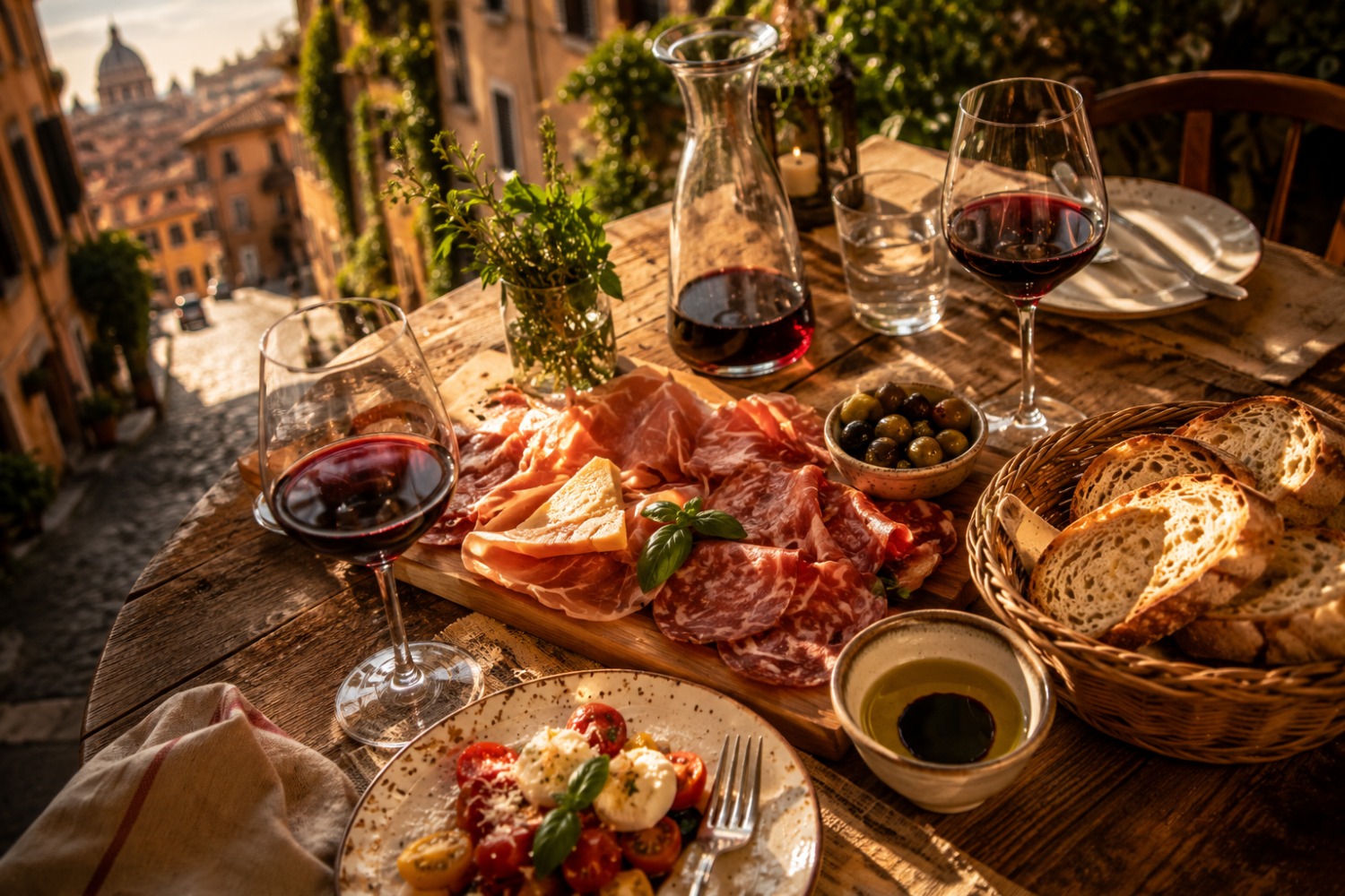 Rome food and wine tours featuring a scenic outdoor trattoria with red wine, cured meats, artisan bread, olives, and fresh Italian appetizers overlooking a historic Roman street at sunset.