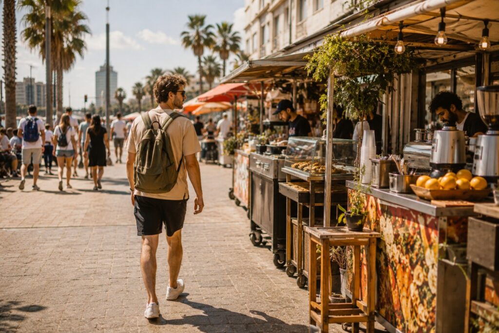 A traveler walking past food stalls while exploring israeli street food on a sunny Tel Aviv boulevard.